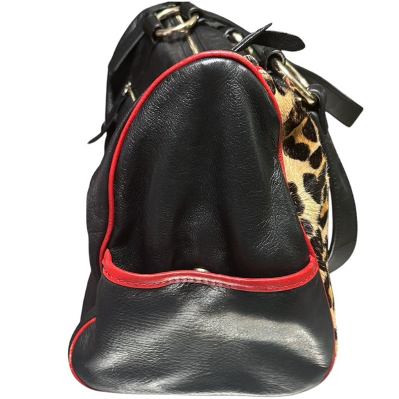 Aqua Madonna Leopard Calf Hair Large Leather Shoulder Bag Red Tassel Zip Satchel - Picture 6 of 15